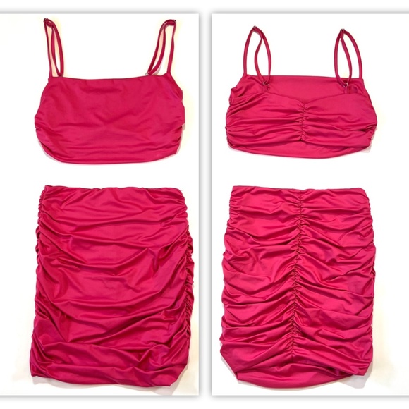 Hot Pink 2 Piece Body Con Cami Crop Top and Ruched Mini Skirt Dress Medium - EUC - Picture 2 of 7